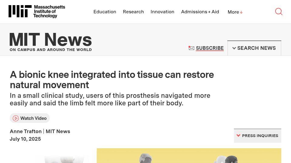 Screenshot of news.mit.edu: A bionic knee integrated into tissue can restore natural movement