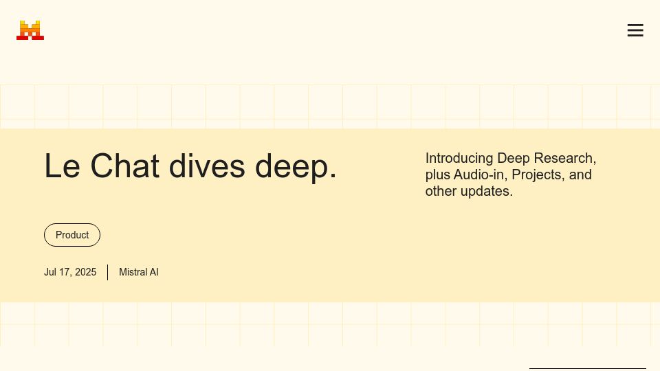 Screenshot of mistral.ai: Mistral Releases Deep Research, Voice, Projects in Le Chat