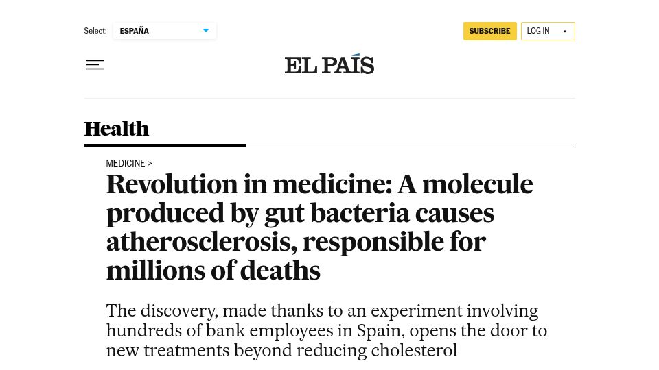 Screenshot of english.elpais.com: Molecule produced by gut bacteria causes atherosclerosis
