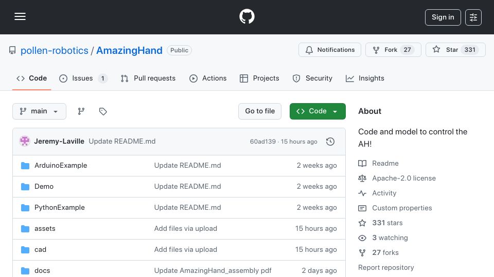 Screenshot of github.com: Hand: open-source Robot Hand