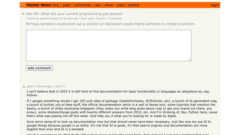 Screenshot of Hacker News post: Ask HN: What are your current programming pet peeves?