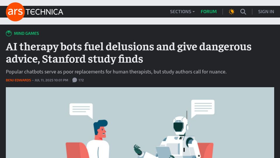 Screenshot of arstechnica.com: AI therapy bots fuel delusions and give dangerous advice, Stanford study finds