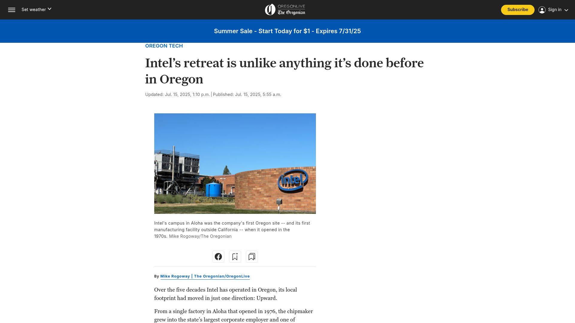 Screenshot of oregonlive.com: Intel's retreat is unlike anything it's done before in Oregon