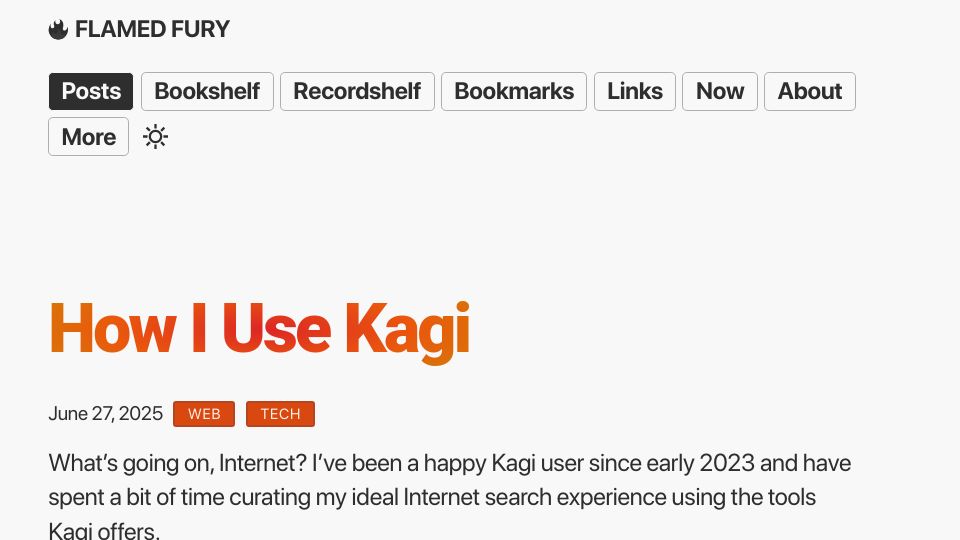 Screenshot of flamedfury.com: How I Use Kagi