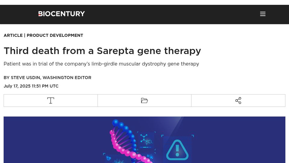 Screenshot of biocentury.com: Third patient dies from acute liver failure caused by a Sarepta gene therapy