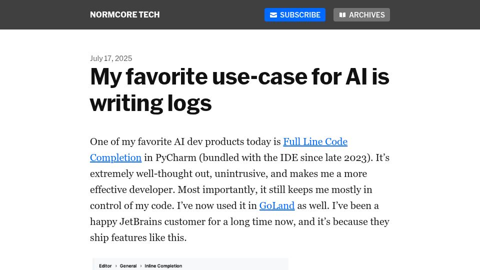 Screenshot of newsletter.vickiboykis.com: My favorite use-case for AI is writing logs
