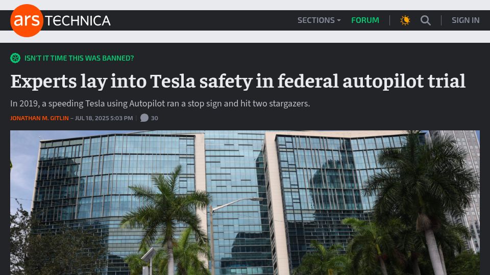 Screenshot of arstechnica.com: Experts lay into Tesla safety in federal autopilot trial