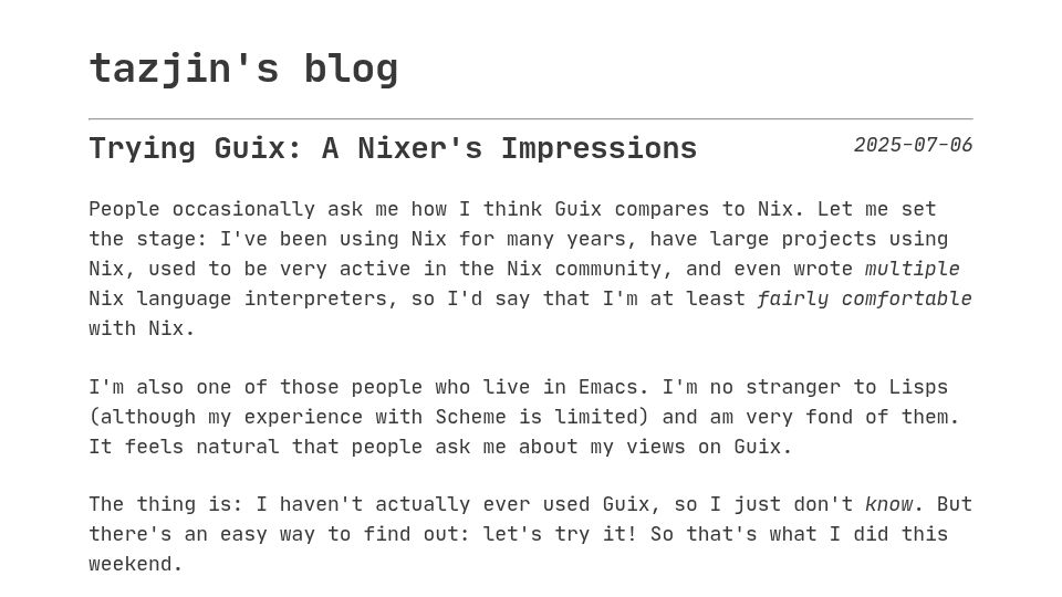 Screenshot of tazj.in: Trying Guix: A Nixer's impressions