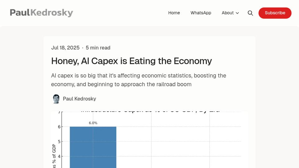 Screenshot of paulkedrosky.com: AI capex is so big that it's affecting economic statistics