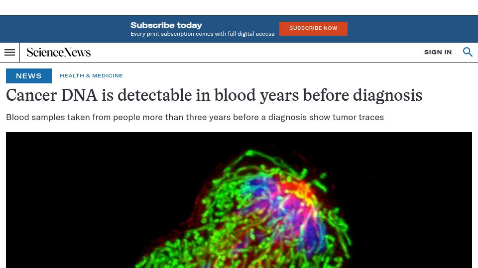Screenshot of sciencenews.org: Cancer DNA is detectable in blood years before diagnosis