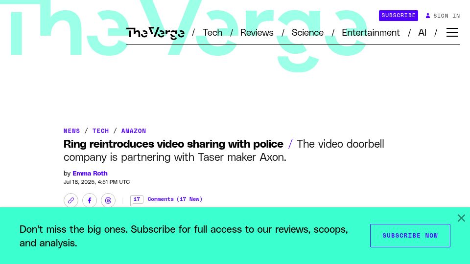 Screenshot of theverge.com: Ring reintroduces video sharing with police