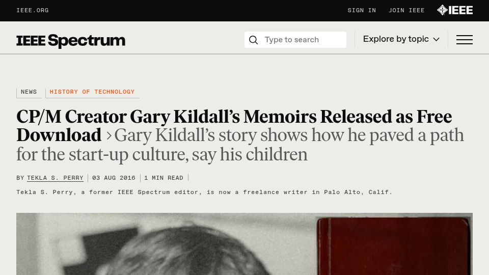 Screenshot of spectrum.ieee.org: CP/M creator Gary Kildall's memoirs released as free download