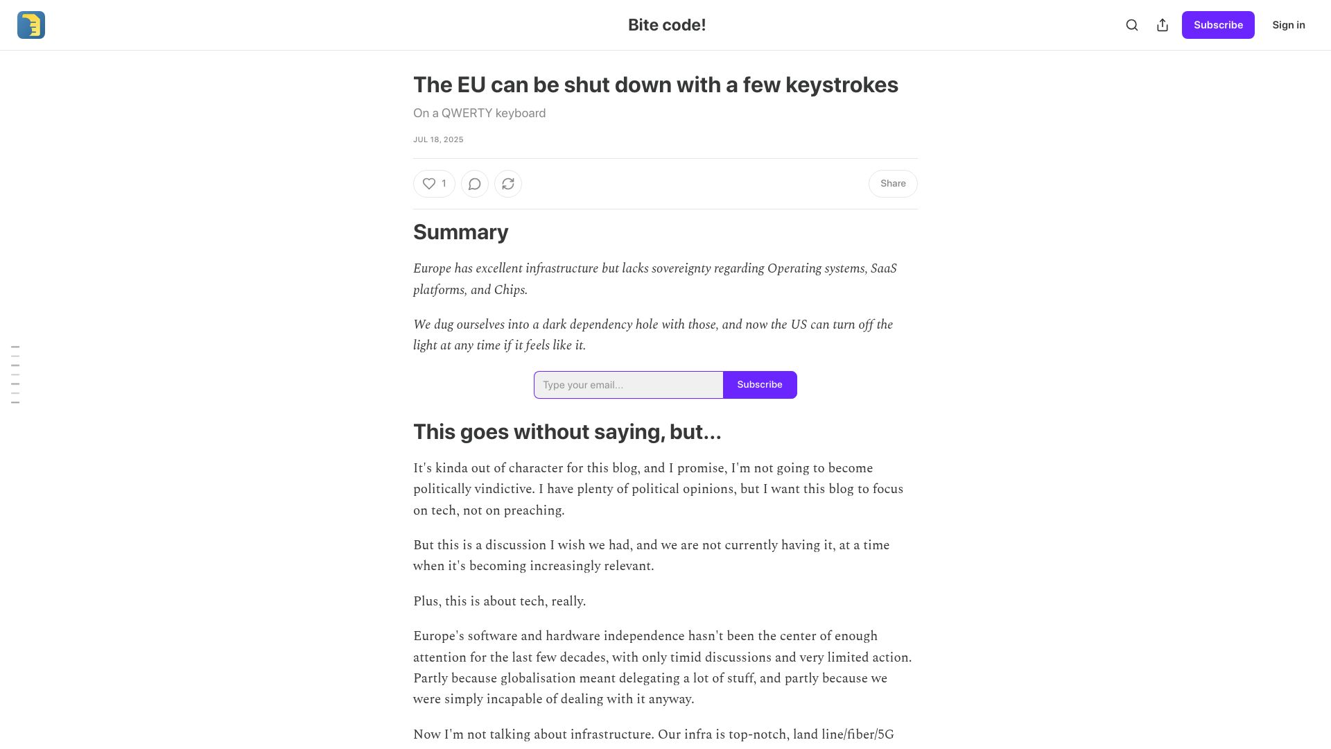 Screenshot of bitecode.dev: The EU can be shut down with a few keystrokes
