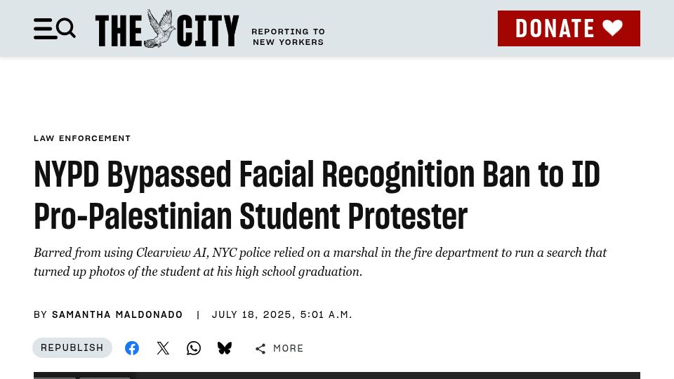 Screenshot of thecity.nyc: NYPD bypassed facial recognition ban to ID pro-Palestinian student protester