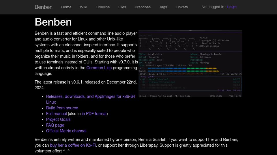 Screenshot of chiselapp.com: Benben: An audio player for the terminal, written in Common Lisp