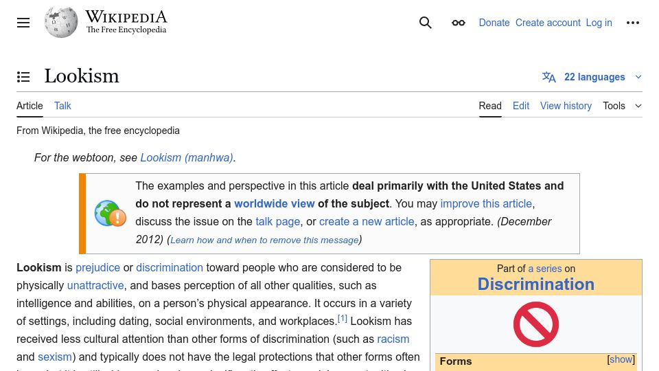 Screenshot of en.wikipedia.org: Lookism