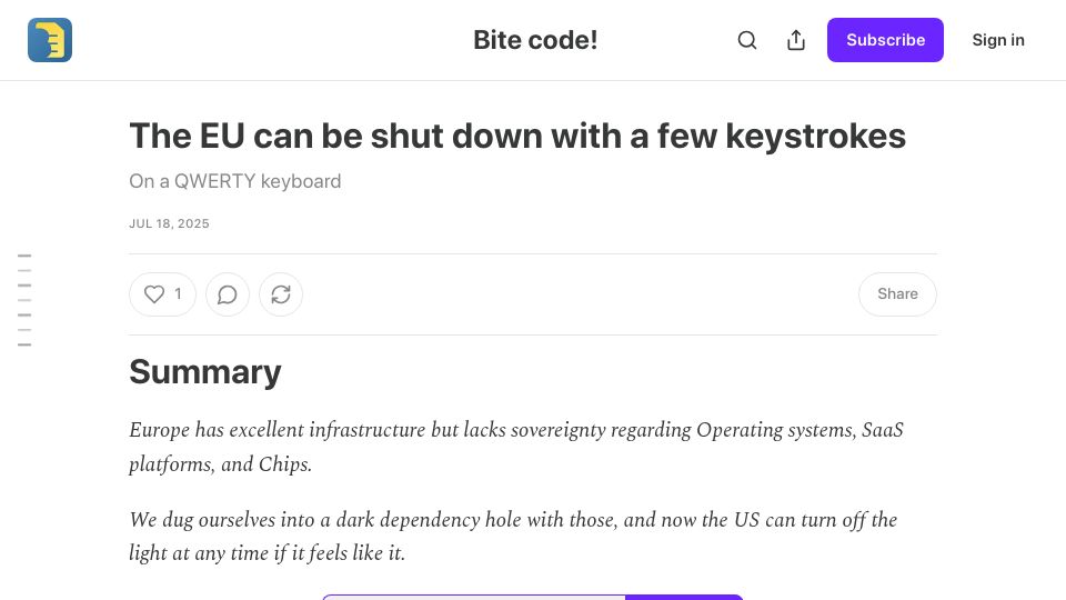 Screenshot of bitecode.dev: The EU can be shut down with a few keystrokes