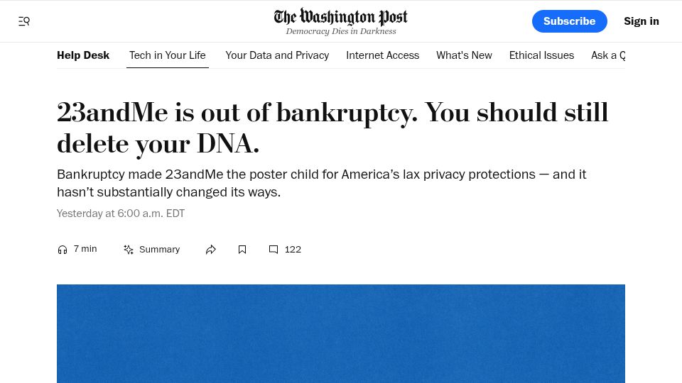 Screenshot of washingtonpost.com: 23andMe is out of bankruptcy and it still hasn’t substantially changed its ways
