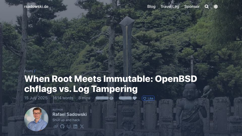 Screenshot of rsadowski.de: When root meets immutable: OpenBSD chflags vs. log tampering