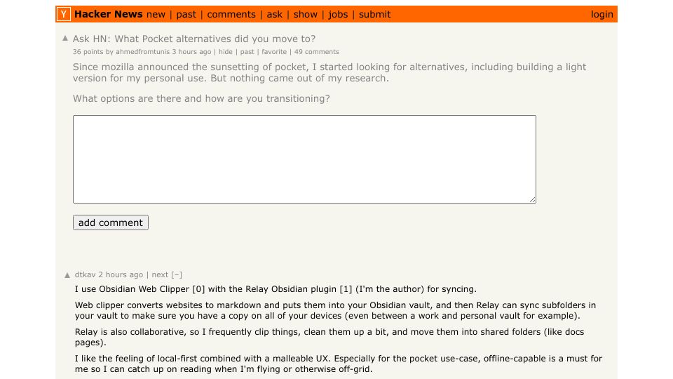 Screenshot of Hacker News post: Ask HN: What Pocket alternatives did you move to?
