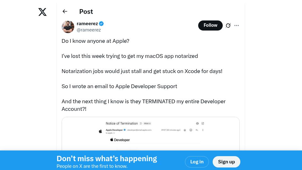 Screenshot of twitter.com: Apple bans entire dev account, no reason given