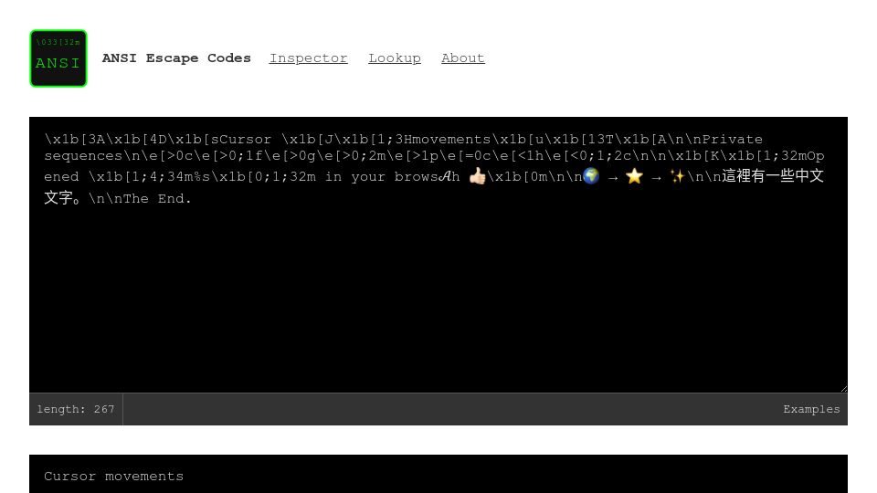 Screenshot of ansi.tools: Inspect ANSI control codes and escape sequences