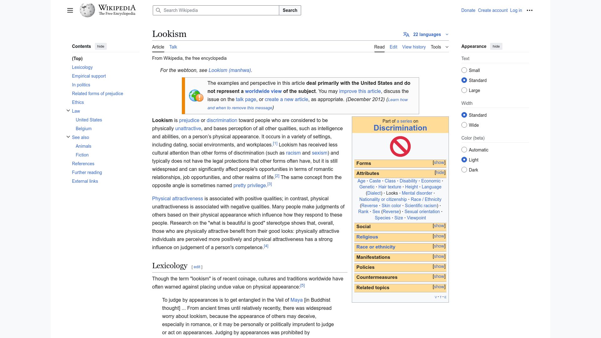 Screenshot of en.wikipedia.org: Lookism