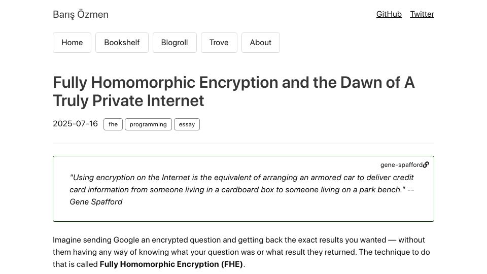 Screenshot of bozmen.io: Fully homomorphic encryption and the dawn of a private internet