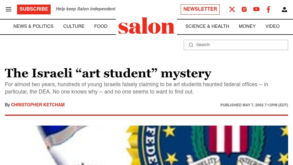 Screenshot of salon.com: The Israeli "art student" mystery (2002)