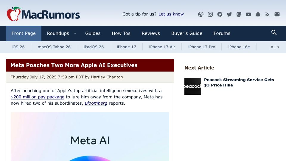 Screenshot of macrumors.com: Meta Poaches Two More Apple AI Executives