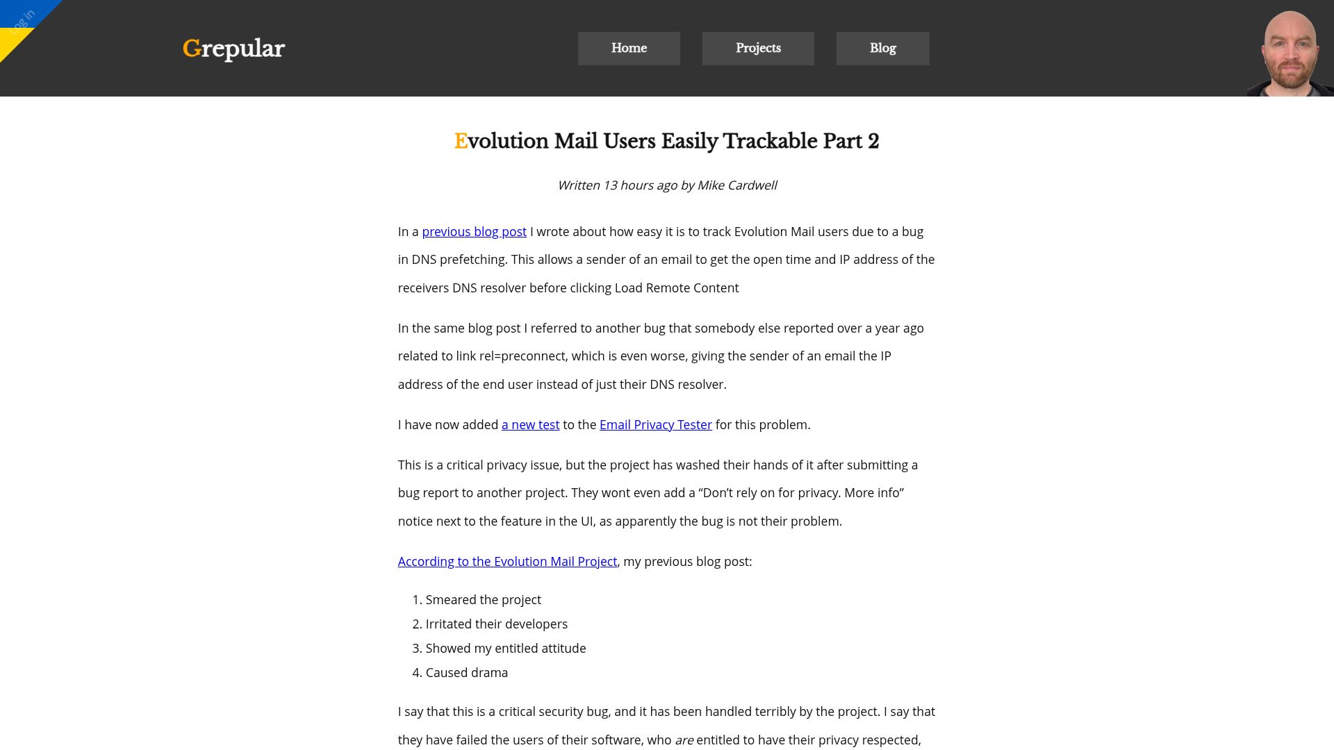 Screenshot of grepular.com: Evolution Mail Users Easily Trackable Part 2