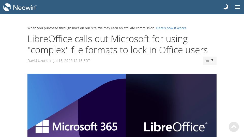 Screenshot of neowin.net: LibreOffice slams Microsoft for locking in Office users w/ complex file formats