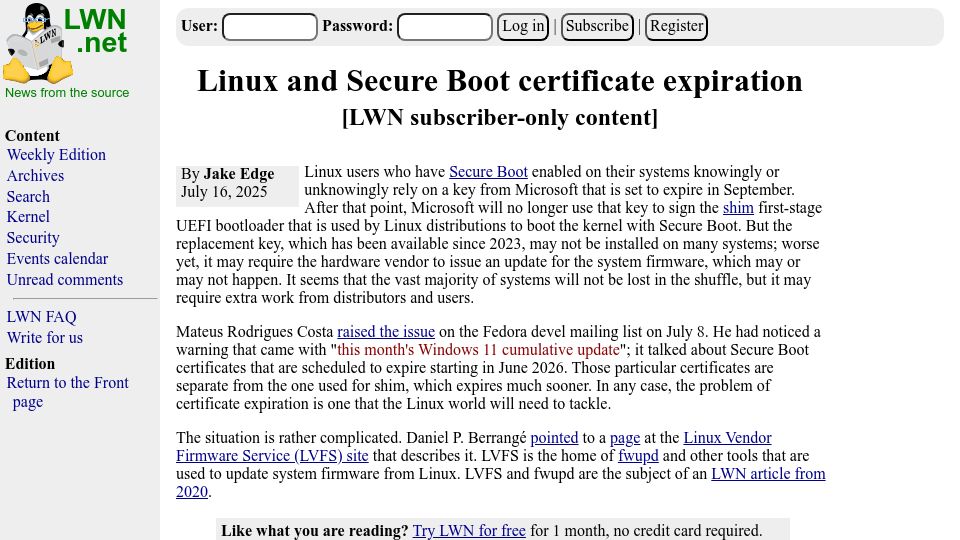 Screenshot of lwn.net: Linux and Secure Boot certificate expiration