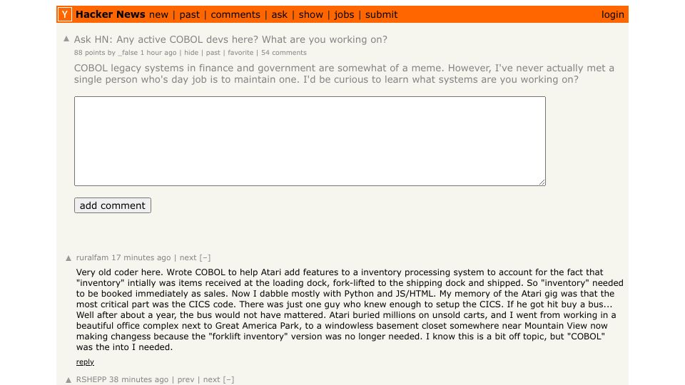 Screenshot of Hacker News post: Ask HN: Any active COBOL devs here? What are you working on?