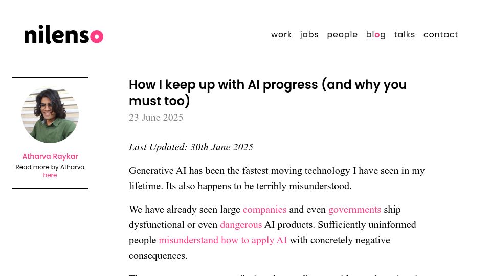 Screenshot of blog.nilenso.com: How I keep up with AI progress
