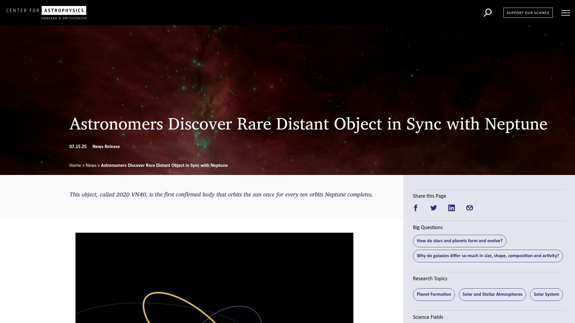 Screenshot of pweb.cfa.harvard.edu: Astronomers Discover Rare Distant Object in Sync with Neptune