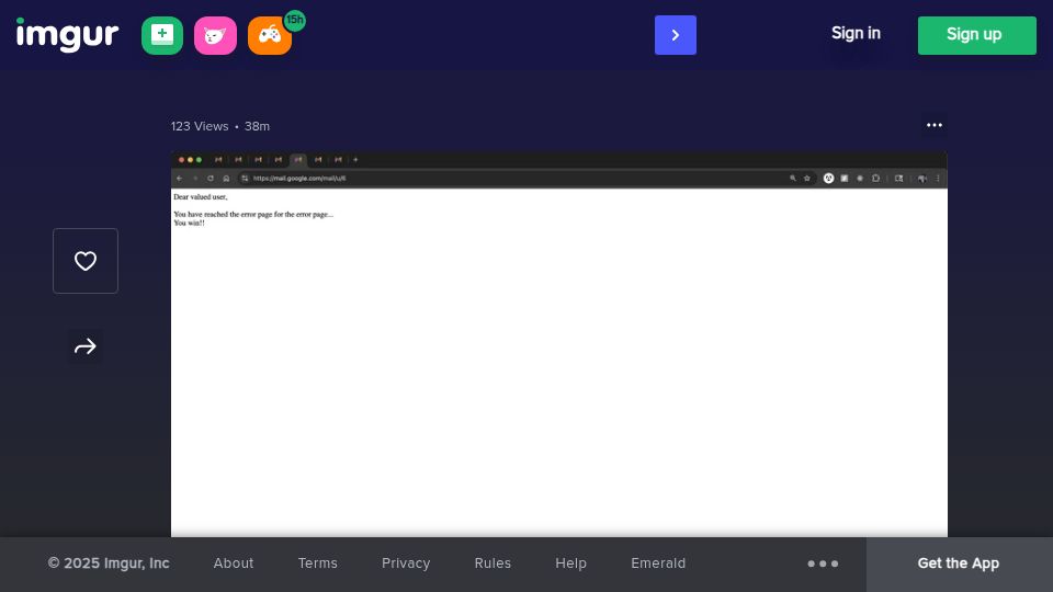 Screenshot of imgur.com: Dear valued user, You have reached the error page for the error page