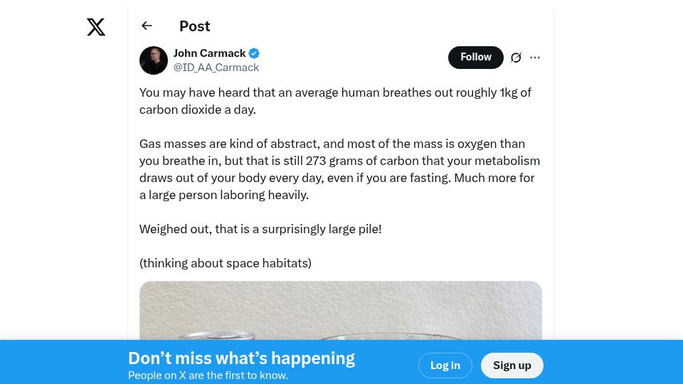 Screenshot of twitter.com: An average human breathes out roughly 1kg of carbon dioxide a day