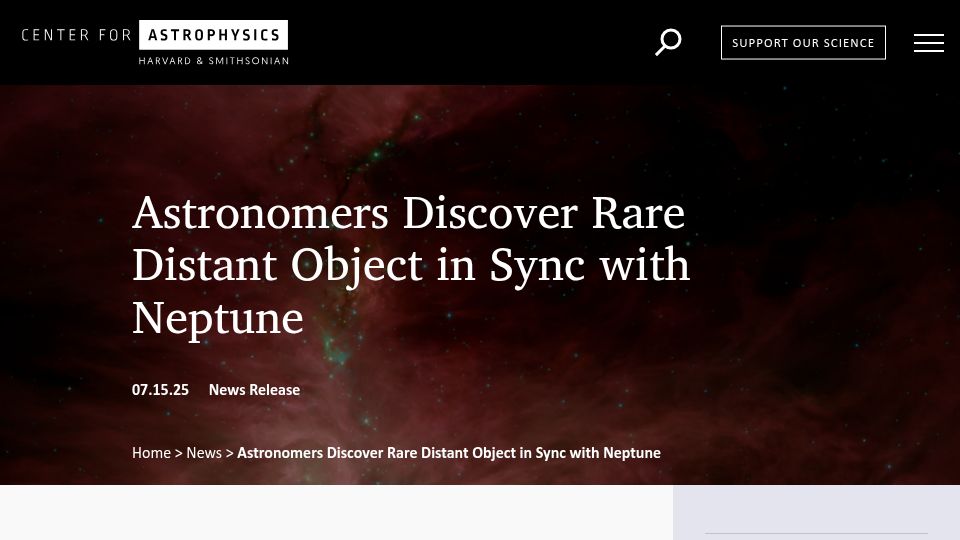 Screenshot of pweb.cfa.harvard.edu: Astronomers Discover Rare Distant Object in Sync with Neptune