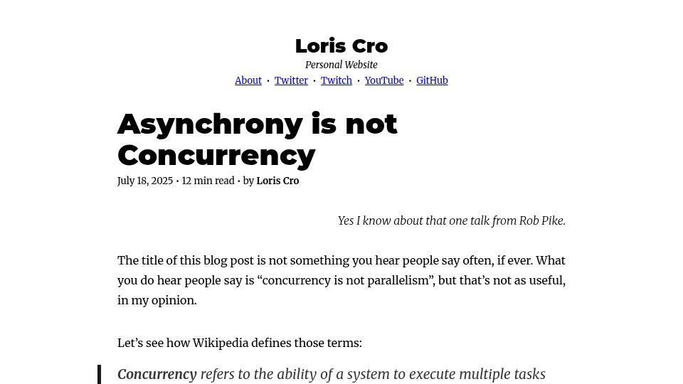Screenshot of kristoff.it: Asynchrony is not concurrency