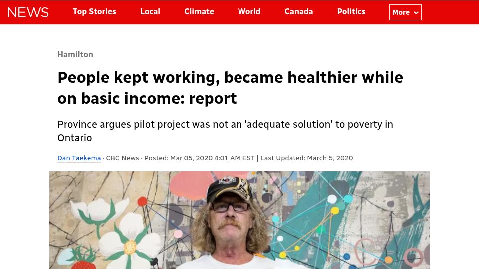 Screenshot of cbc.ca: People kept working, became healthier while on basic income: report (2020)