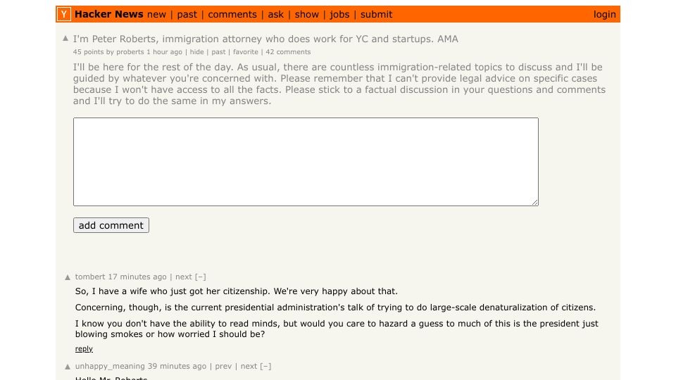 Screenshot of Hacker News post: I'm Peter Roberts, immigration attorney who does work for YC and startups. AMA