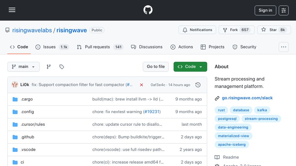 Screenshot of github.com: RisingWave: An Open‑Source Stream‑Processing and Management Platform