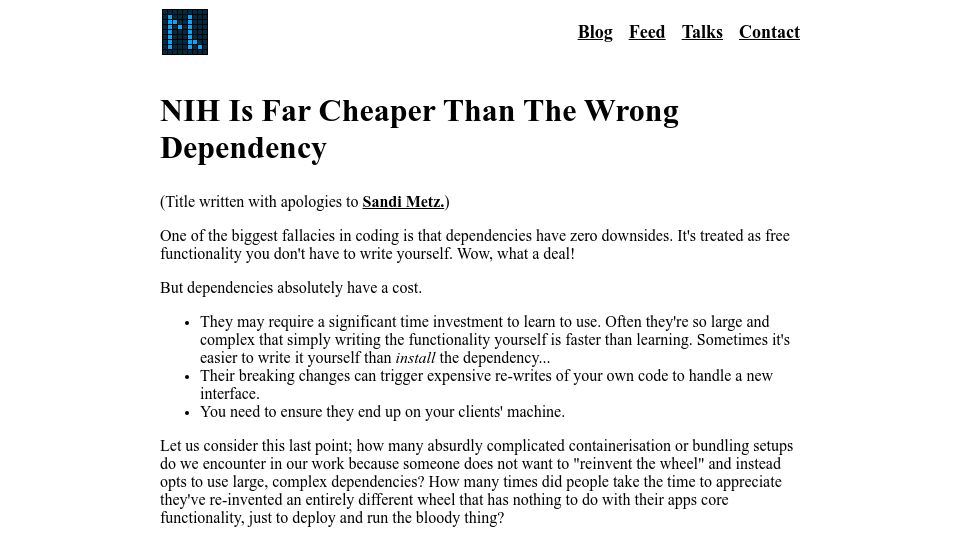 Screenshot of lewiscampbell.tech: NIH is cheaper than the wrong dependency
