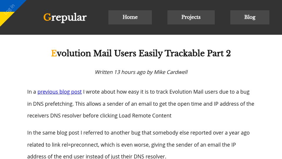Screenshot of grepular.com: Evolution Mail Users Easily Trackable Part 2