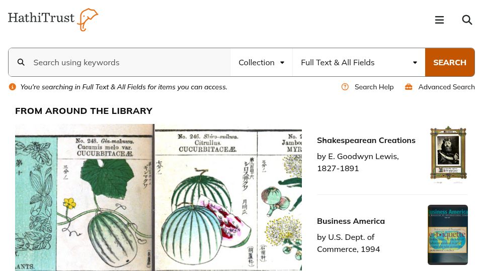 Screenshot of hathitrust.org: HathiTrust Digital Library