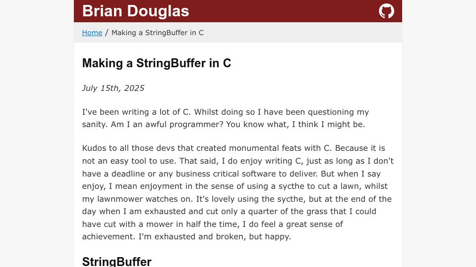 Screenshot of briandouglas.ie: Making a StringBuffer in C, and questioning my sanity