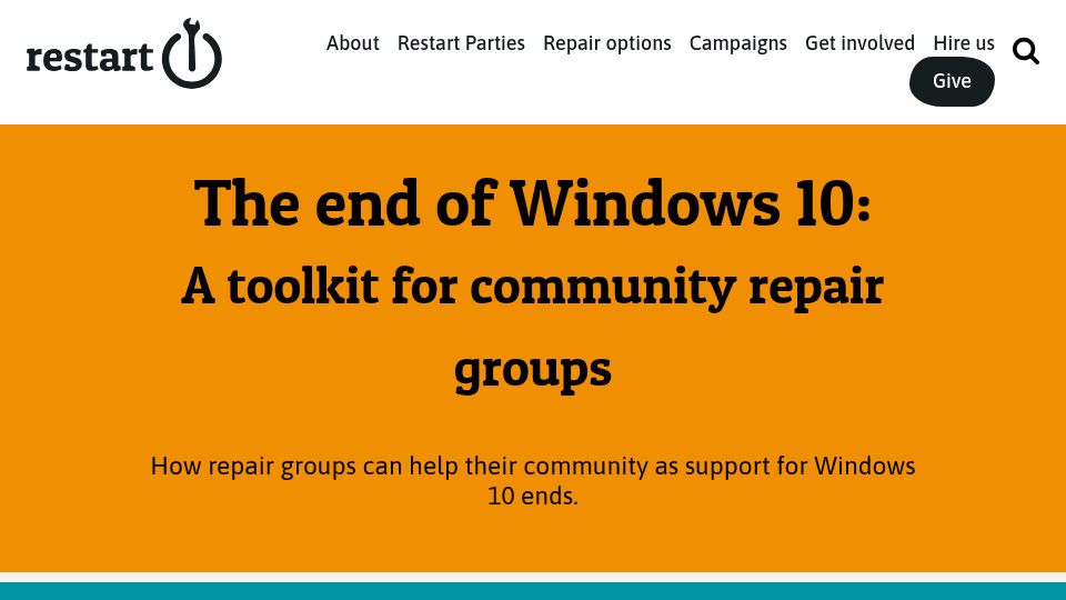 Screenshot of therestartproject.org: The End of Windows 10: a toolkit for community repair groups