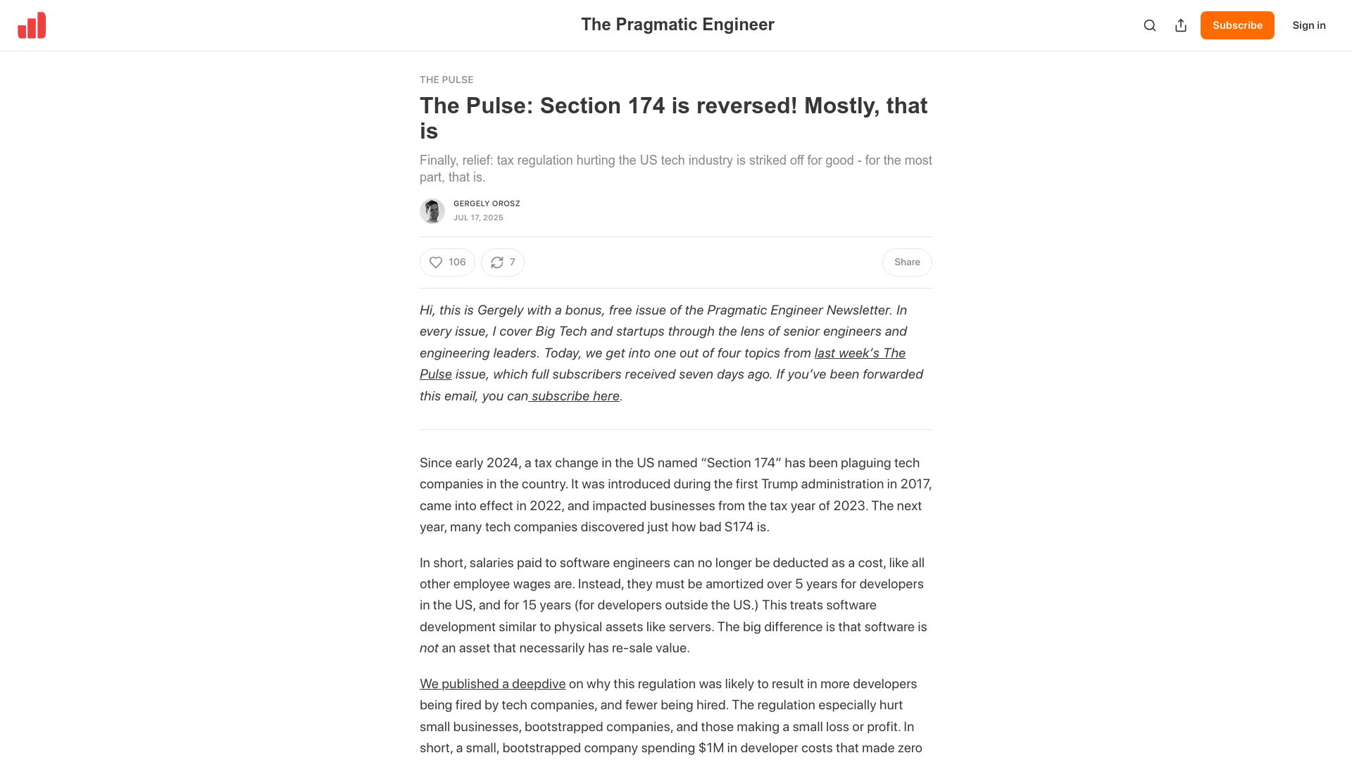 Screenshot of newsletter.pragmaticengineer.com: Section 174 is reversed, mostly
