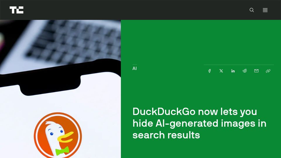 Screenshot of techcrunch.com: DuckDuckGo now lets you hide AI-generated images in search results